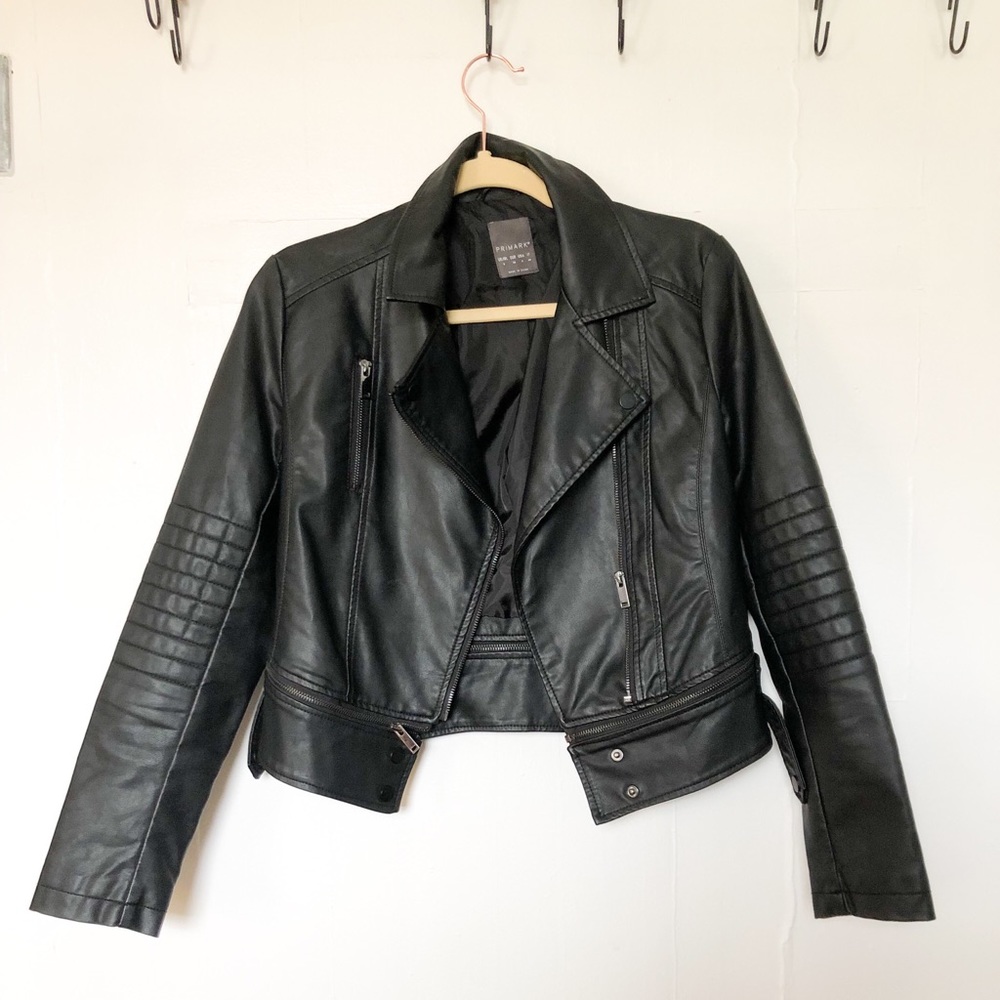 Black faux leather moto jacket. Size 4